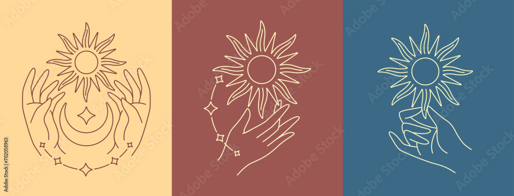 Wall mural hand and sun line art design collection