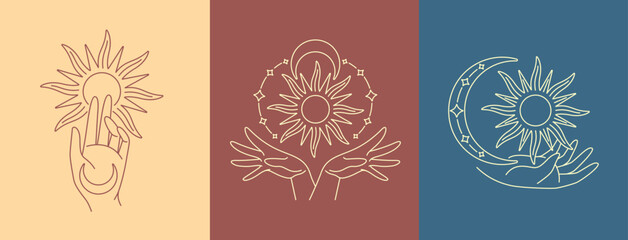 hand and sun line art design collection