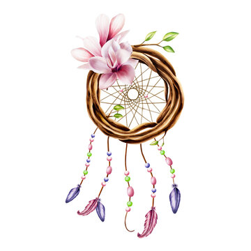 Marker illustration of ethnic wooden wicker wreath dreamcatcher of twigs with spring leaves and pink magnolia flowers, beads on a rope with feathers in watercolor style. Hand painted holder isolated