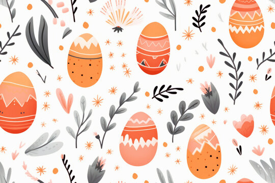 Seamless Floral Easter Egg Pattern in Watercolors with White Background