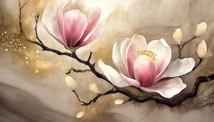 Kwitnąca magnolia wykonana tuszem chińskim, tło, dekoracja scienna, generative ai - obrazy, fototapety, plakaty