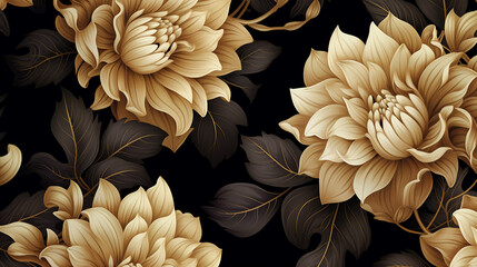 luxurious vintage pattern with golden flowers dahlia on dark background