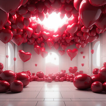 Room desined for valentine day with many heart shaped ballons inside