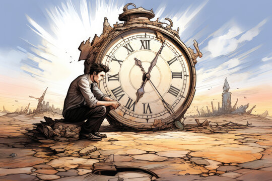 Time's Running Out: A Race Against the Clock.
A man sitting next to a large clock. Suitable for illustrating concepts of time management, waiting, deadlines, patience, and reflecting on the passage of