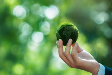 Environment and Earth Day.Green Earth in businessman hands for Protecting Planet.Green business company.Ecosystem and Organization Development Cooperation.ESG and CSR. Save world.