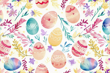 Fototapeta na wymiar Seamless Floral Easter Egg Pattern in Watercolors with White Background