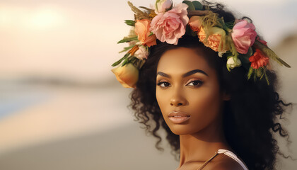 African American woman with curly hair and a wreath on her head ,spring concept