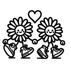 A simple black and white drawing of two smiling daisies. The flowers have faces, arms and wear sneakers. They are holding hands and have hearts above them.