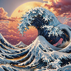 The great wave of japanese ocean painting reproduction vector illustration. Old Japanese artwork with big wave and mountain Fuji on the background 3D style