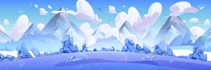 Gordijnen Winter natural snowy landscape with bushes and trees on meadow in foot of high mountains covered with snow. Cartoon vector panoramic cold and frozen scenery with field near hills, blue sky with clouds © klyaksun