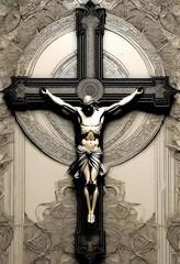 Black white a grey image of man crucified wearing loin cloth on cross