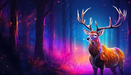Deer in the Magic Forest in neon color ,spring concept
