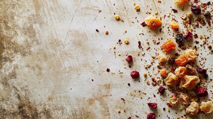 Assorted dried fruits scattered on a natural textured background, perfect for healthy snacking.