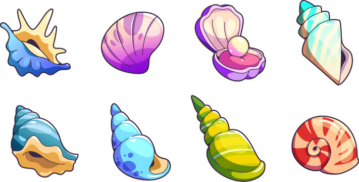 Sea shell and vessels game assets set. Cartoon vector illustration collection of cute marine underwater seashell for rpg gui design. Colorful nautical or aquarium horned, spiral and scallop conch.