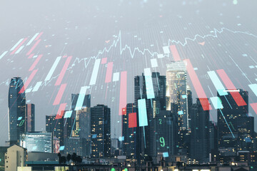 Double exposure of abstract virtual global crisis chart and world map hologram on Los Angeles city skyscrapers background. Financial crisis and recession concept