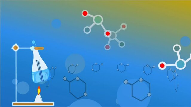 Animated icon of the research chemistry laboratory. Background illustration for media presentation tasks. Moving images of test tubes, heaters, and molecules