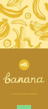 Vector bananas banner template with sketch bananas seamless pattern. Banana label backdrop. Banana fruit ornament. Yellow fruits label design.