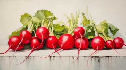  isolated radishes on a clean white canvas, their vibrant red exteriors and crisp texture creating a visually striking composition.