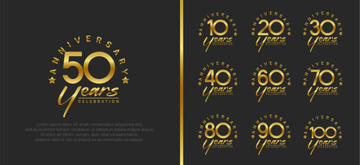 set of anniversary logo gold color number and golden text on black background for celebration