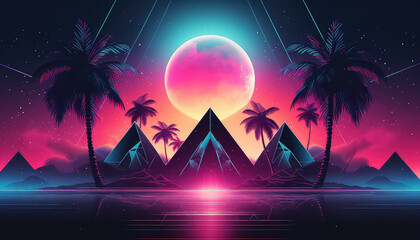 Egyptian pyramids with sun and palm trees in neon color ,spring concept - obrazy, fototapety, plakaty