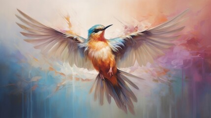 A charming songbird with soft, pastel-colored feathers, captured mid-flight, its wings spread wide in a moment of freedom and elegance. - obrazy, fototapety, plakaty