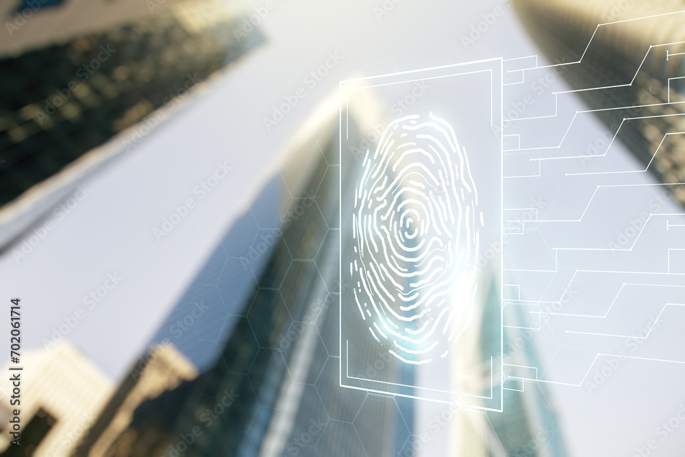 Poster multi exposure of virtual fingerprint scan interface on blurry cityscape background, digital access 