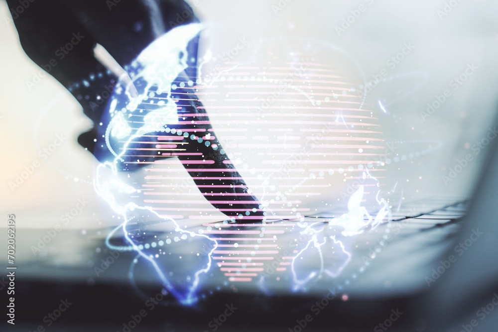 Poster double exposure of abstract digital world map with connections and hand typing on computer keyboard 