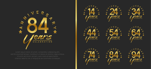 set of anniversary logo gold color number and golden text on black background for celebration - obrazy, fototapety, plakaty