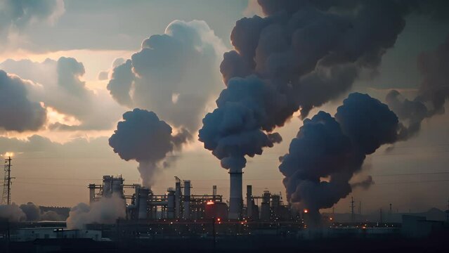 Negative impact of manufacturing factory in big city. Air pollution environmental problems. Global warming effect.