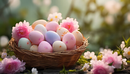 Fototapeta na wymiar Painted eggs in a wicker basket on a background of flowers, easter concept