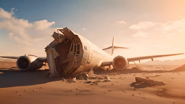 Dramatic of aeroplane accident. Crashed and burnt air plane on sunset horizontal background.