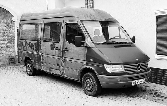 Zelenogradsk, Russia-Oktober 27, 2023: Very Rusty Mercedes Benz Sprinter, All-metal Van  90s 2000s Parked In A Street.