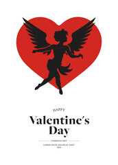 Valentines day card with cupid silhouette. Vector illustration.