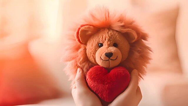 Cute lion toy with red heart, Valentine's day concept.