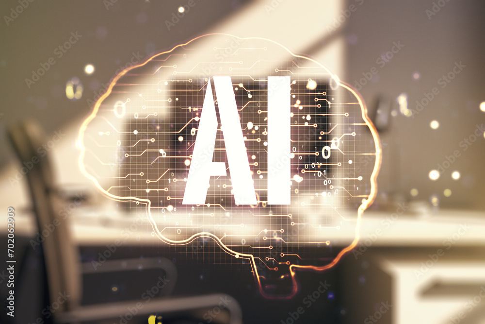 Wall mural double exposure of creative artificial intelligence symbol and modern desktop with laptop on backgro