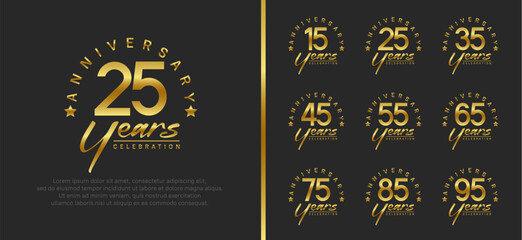 set of anniversary logo gold color number and golden text on black background for celebration