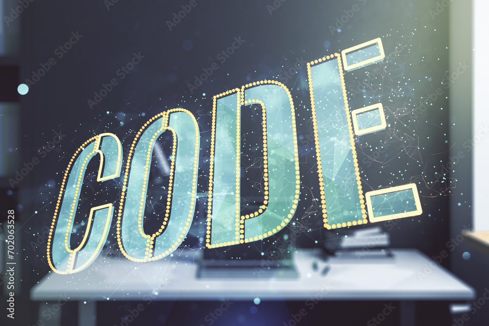 Poster creative code word sign and modern desktop with pc on background, international software development