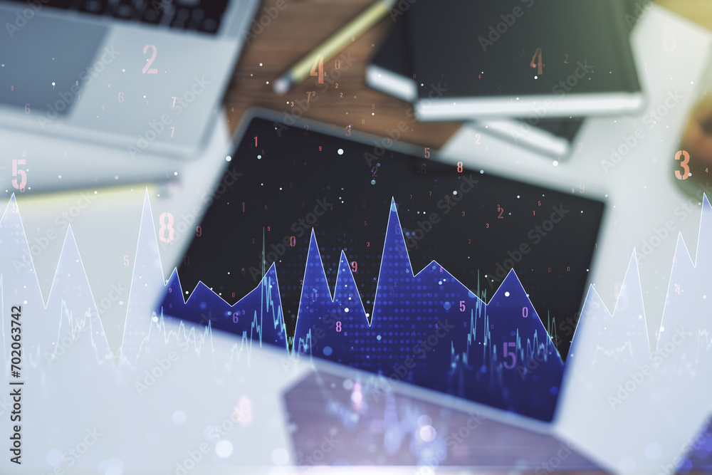 Fototapete multi exposure of abstract graphic data spreadsheet sketch and modern digital tablet on desktop on b