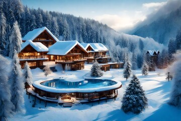 house in the mountains in snow