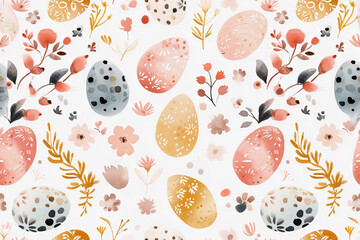 Seamless Floral Easter Egg Pattern in Watercolors with White Background