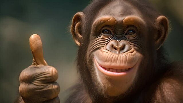 Portrait of friendly monkey making thumbs up gesture.