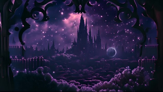 Mystical portal. Dark fantasy landscape with neon lights, forest and evil castle. Retrowave vibe.