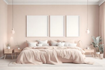 interior of a room with a sofa Side view of large bad with posters and shelves on walls. Bedroom interior. Concept of sleeping. 3d rendering. Mockup.