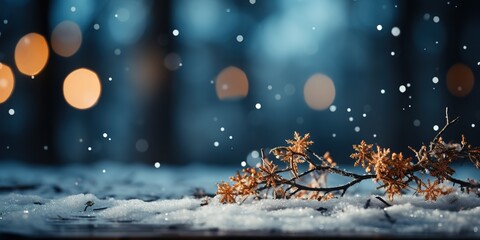 Falling snowflakes fir tree and Bokeh with white snow