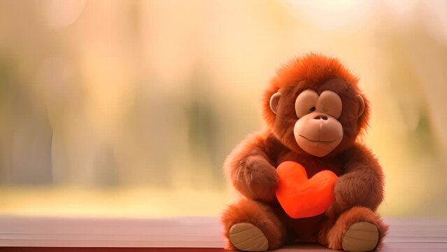 Cute monkey toy with red heart, Valentine's day concept.