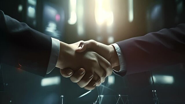 Businessmen handshake on financial diagram background. Business partnership concept.