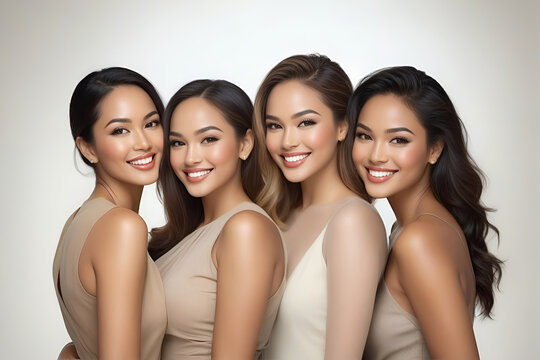 Beautiful young multiethnic women with natural makeup. Advertising for female fashion models, face and body skin care.