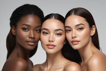 Beautiful young multiethnic women with natural makeup. Advertising for female fashion models, face and body skin care. - obrazy, fototapety, plakaty