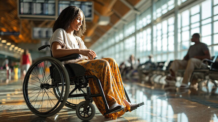 Disabled beautiful satisfied black woman tourist in a wheelchair in the international airport - obrazy, fototapety, plakaty