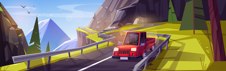Auto driving curvy mountain road. Vector cartoon illustration of man in car on dangerous winding highway, cliff tunnel arch, rocky landscape with green fir trees, birds flying in blue sunny sky